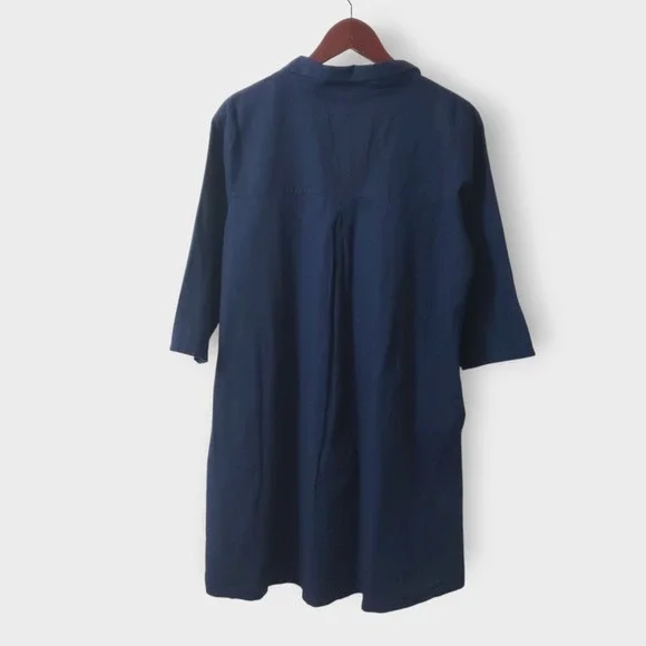 Terzo Millennio Navy Blue Linen Cotton Tunic Dress Made in Italy Medium Pockets - Picture 4 of 10